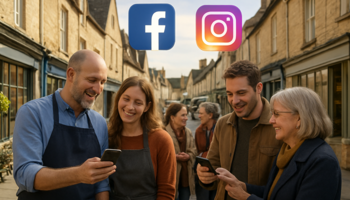 Bustling Tetbury street: business owners sharing promotions on smartphones with glowing Facebook and Instagram icons.