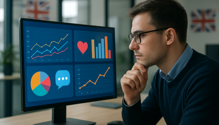 Analyst in Tetbury office reviews social media dashboards with engagement graphs and UK flags.