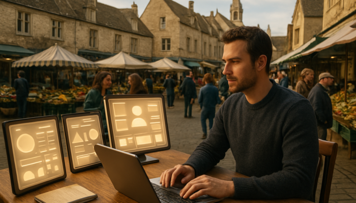 Tetbury business owner at desk with social media screens, content calendars, and metrics in historic market scene.
