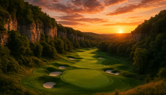 Luxurious Bluff National Park golf course with manicured greens, rugged bluffs, and vibrant sunset.