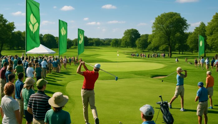 Vibrant golf tournament at Bluff National Park, players swinging on lush fairways with eco-friendly banners.