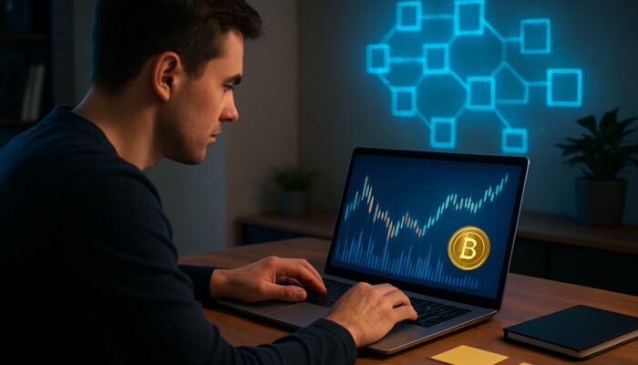 Beginner trader analyzing crypto charts on laptop, surrounded by paper notes and Bitcoin coins in modern office.
