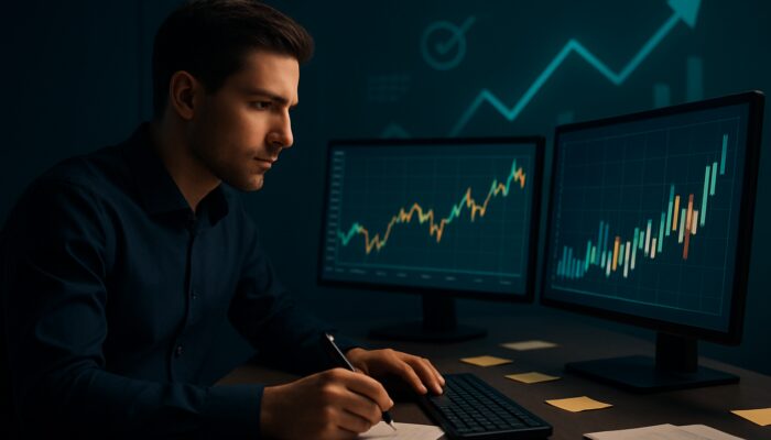 Focused trader analyzing stock charts on screens, surrounded by notes and virtual simulations for risk-free practice.