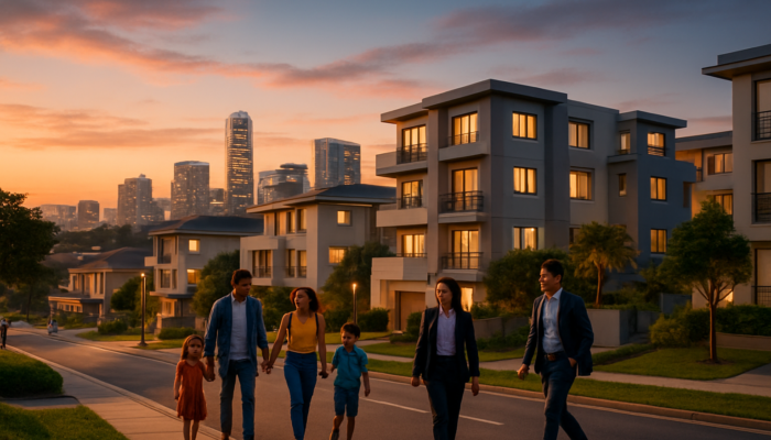 Vibrant Durban cityscape at dusk: modern Umhlanga homes, families strolling near schools, and commuting professionals.