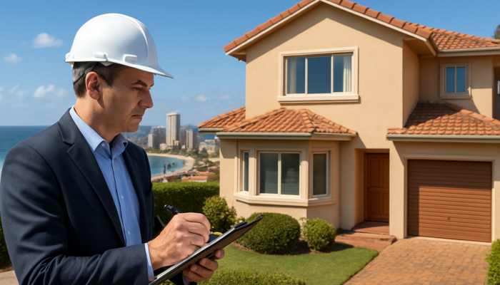 Professional appraiser inspecting mid-level house in Durban with clipboard.