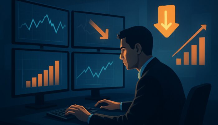 Trader analysing stock charts on multiple screens, placing limit orders with icons representing reduced fees and increased volumes.