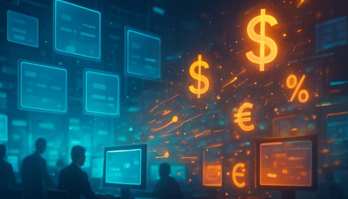 A bustling digital trading environment: suspended maker orders as waiting tickets, taker orders with flying currency and fee symbols.