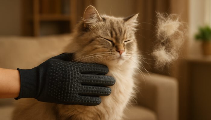 Grooming gloves brushing fluffy shedding cat, removing loose fur in cozy home.