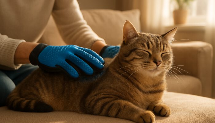 Person brushing relaxed cat with grooming gloves in sunlit living room, fostering bond.