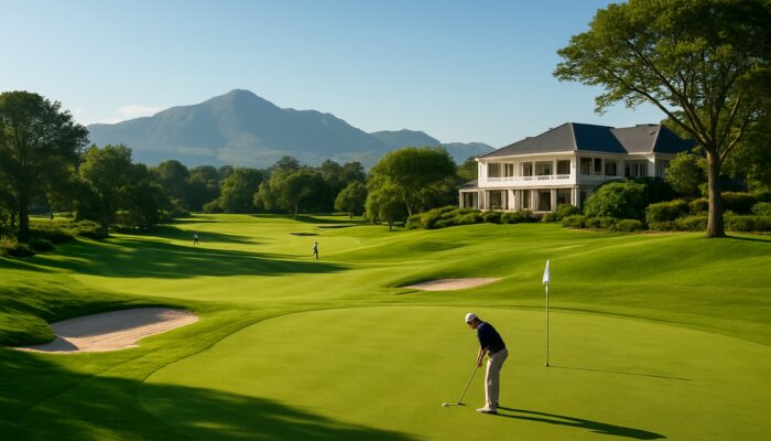 Sunlit Erinvale Golf Club course with manicured greens, rolling fairways, clubhouse, and golfers under blue sky.