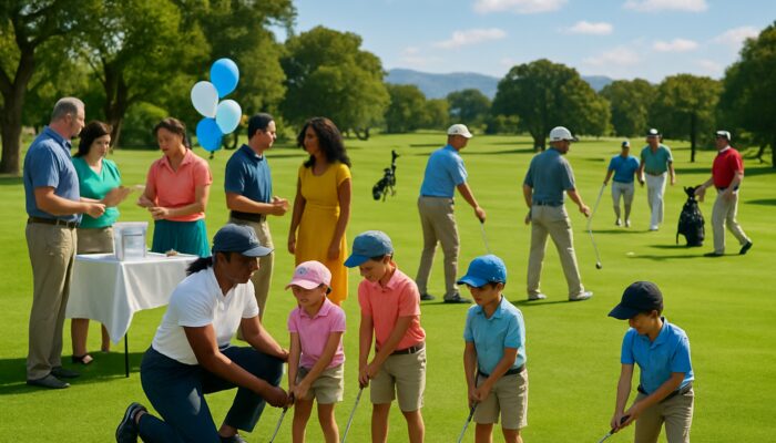 Vibrant Erinvale Golf Club scene: diverse groups in junior clinics, charity fundraisers, and social tournaments on green fairways.