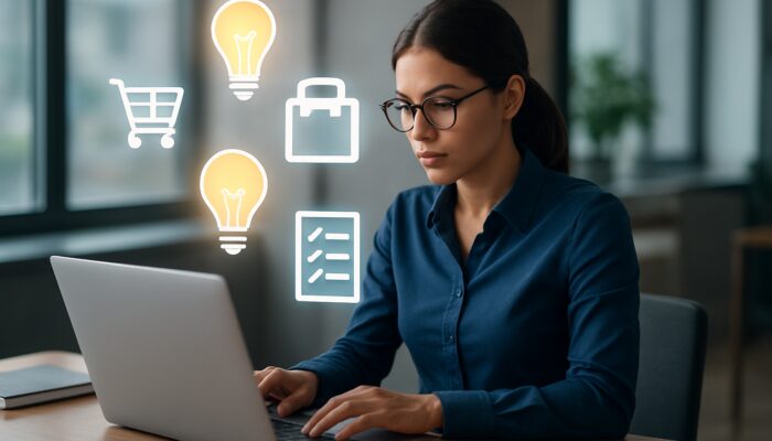 Digital marketer creating e-commerce content at desk with floating icons and ideas.