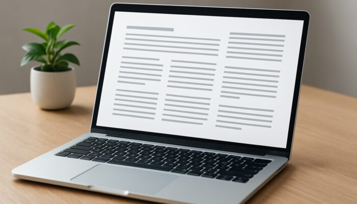 A laptop screen displaying a clean blog page with sans-serif fonts, well-spaced paragraphs, and balanced layout.