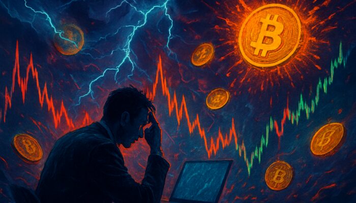 Chaotic cryptocurrency trading scene: spiking charts, exploding Bitcoin coins, and tense trader in neon storms.