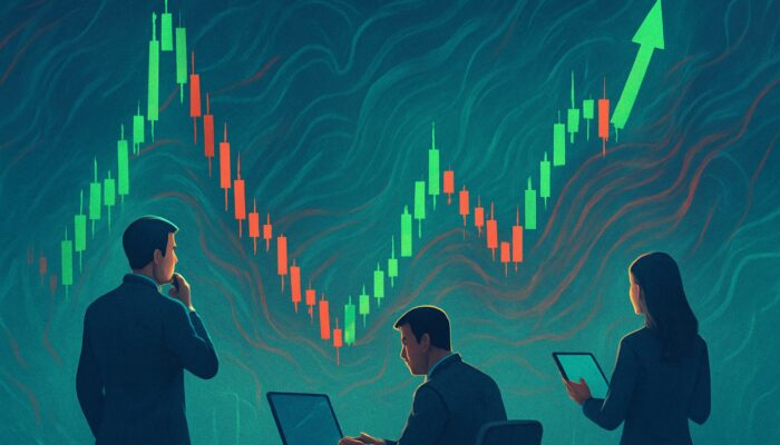 Stock chart showing volatile market cycles with green upward surges, red corrections, and traders analyzing patterns.