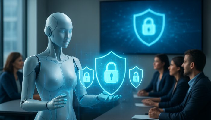 Digital assistant shielding financial data with glowing locks during employee security training.