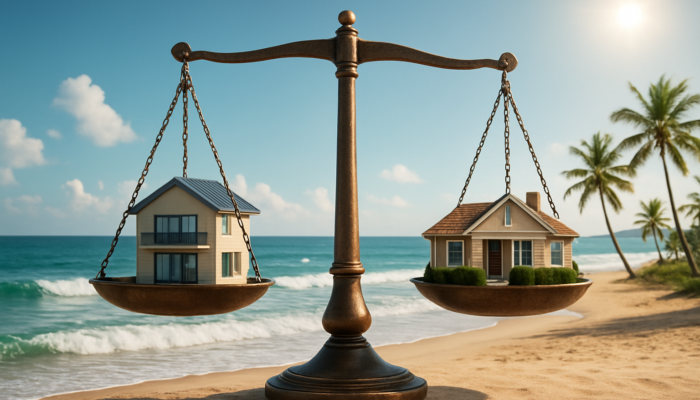 Scale comparing renting and buying in Richards Bay, with beach apartment, owned home, and ocean backdrop.