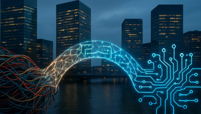 Glowing APIs bridge mismatched data formats in a modern financial hub, transforming tangled wires into seamless networks.