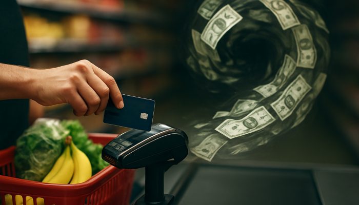 Food Costs vs Card Payments Trade Offs: Balancing Your Budget | DCL Grocery shopper swipes credit card as swirling dollar bills vanish, symbolizing eroding cash back rewards.