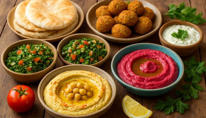 Vibrant Lebanese Mezze spread with hummus, tabbouleh, falafel, and pita on a rustic table.