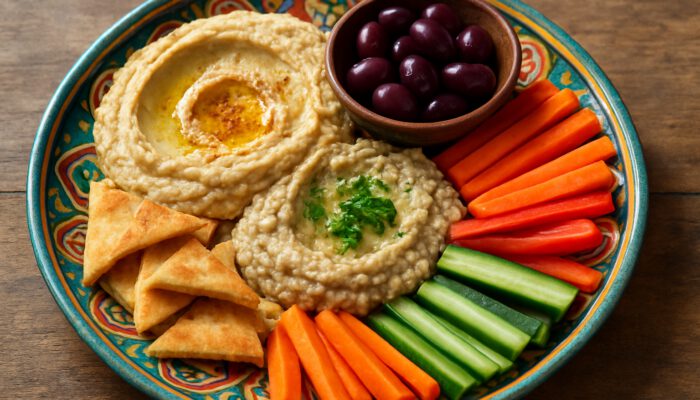 Vibrant mezze platter with creamy hummus, smoky baba ghanoush, and crisp vegetable sticks.