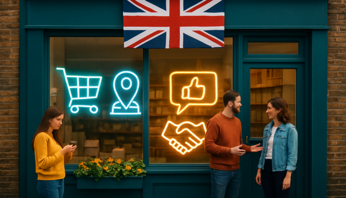 Vibrant Clevedon e-commerce storefront with Google My Business signs, maps, reviews, and handshakes under UK flag.