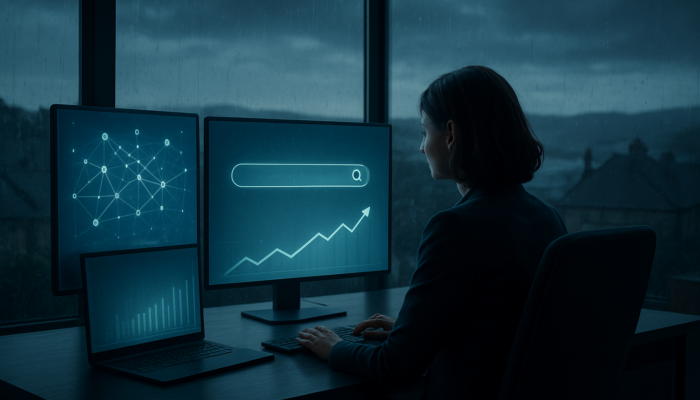 Small business owner in Clevedon analysing SEO algorithms and rising e-commerce charts on glowing screens under rainy sky.