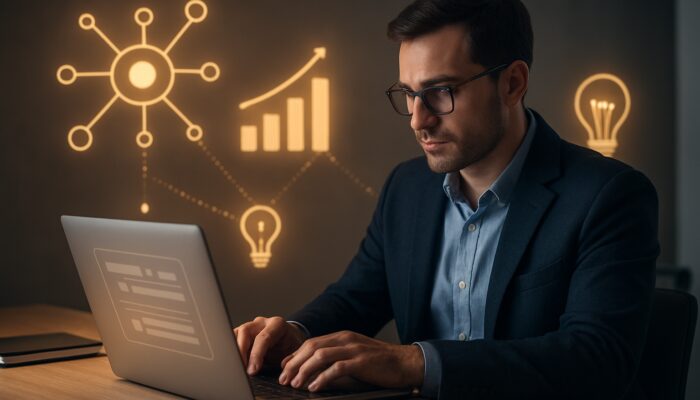 Expert typing answers on laptop with Q&A forums, surrounded by icons of networks, graphs, and light bulbs.