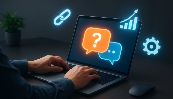 Digital marketer typing on Q&A site with floating backlinks and rising graph icons for off-page SEO.