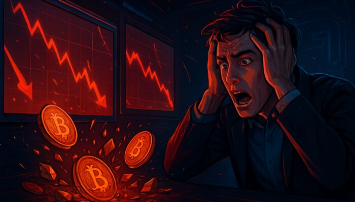 Frantic trader watches plummeting cryptocurrency charts on screens with shattering coins and red slippage arrows.