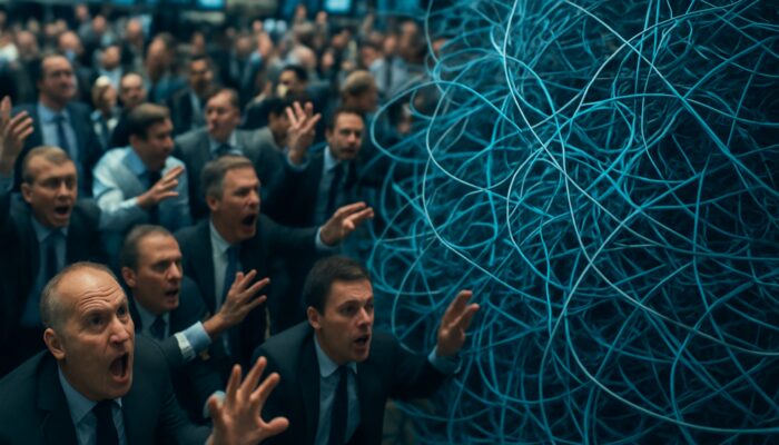 Bustling stock exchange floor with frantic traders and tangled wires symbolizing network delays.
