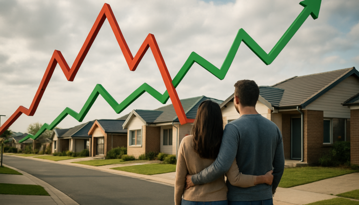 First-time buyers in Pretoria viewing affordable homes under oversized interest rate graphs, symbolising SARB's mortgage impact.
