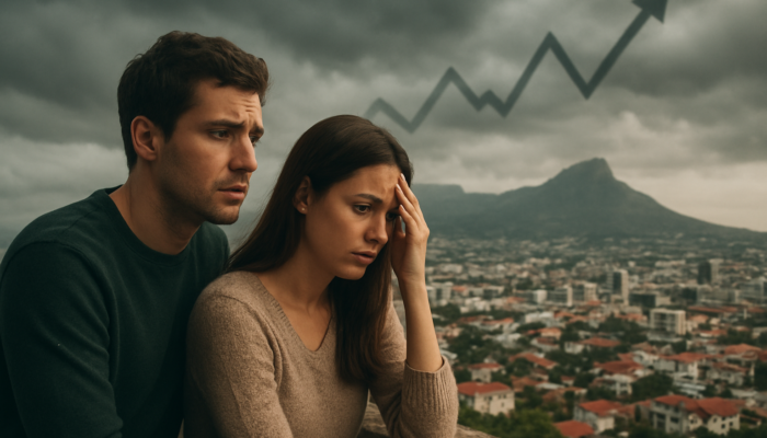 Worried young couple in Cape Town views unaffordable skyline homes with rising interest rate graphs.