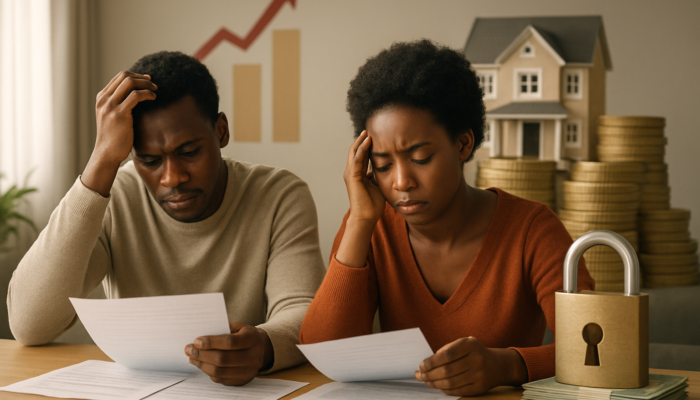 Stressed South African couple reviews financial documents amid rising interest rates, with dream home behind coin barrier.
