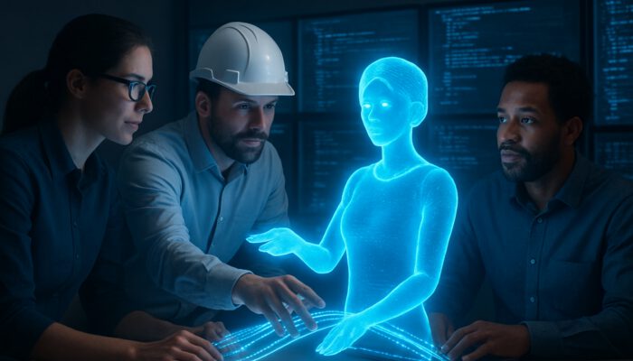 Engineers integrating holographic virtual assistant into digital screens with glowing code bridges.