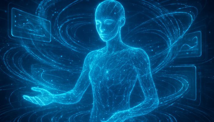 Holographic AI assistant processing swirling data streams in a neon blue digital realm.