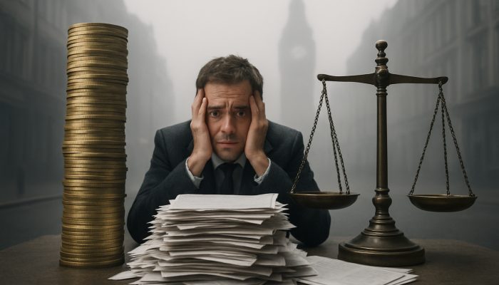 How New Borrowing Can Affect Future Mortgage Offers | DCL Worried UK borrower buried under coins and loan documents in foggy street, scale tipping on debt ratios.