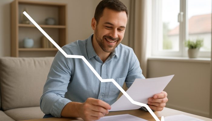 How New Borrowing Can Affect Future Mortgage Offers | DCL Modern UK home with decreasing debt graph, as satisfied homeowner reviews repayment mortgage documents.