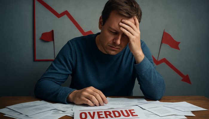 How New Borrowing Can Affect Future Mortgage Offers | DCL Stressed UK borrower at desk with overdue bills, red flags, and plummeting credit score graph.