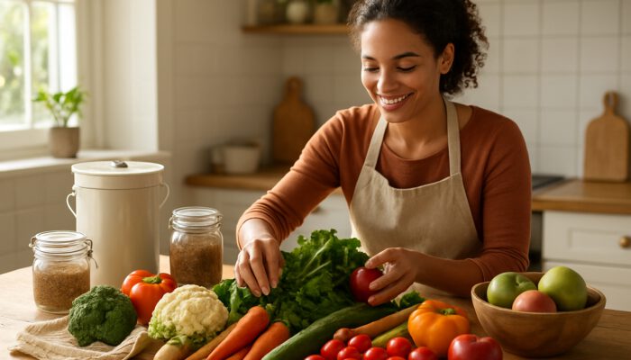 Smiling cook arranging fresh veggies and fruits in zero-waste kitchen with compost bin.