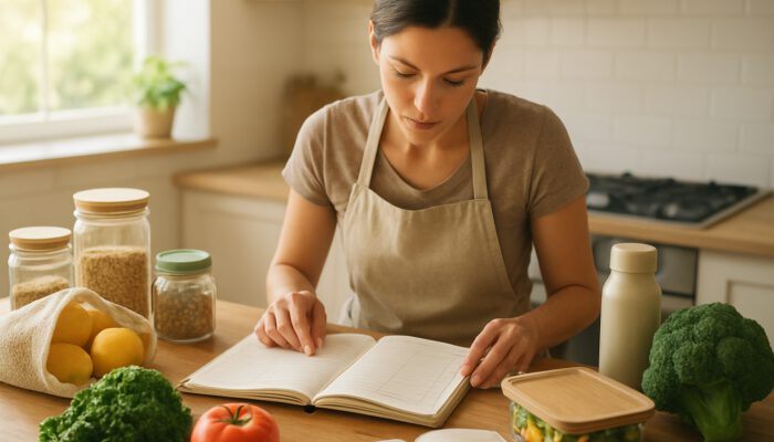 Focused cook in sunlit kitchen reviews meal planner with fresh produce and reusable containers for zero-waste living.