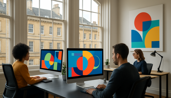 Modern WordPress designers in Bath studio, surrounded by Georgian architecture and digital screens.