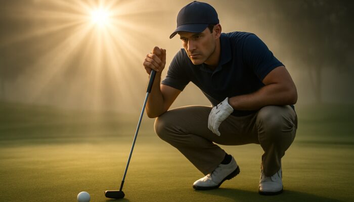 Determined golfer poised for putt on misty dawn course, with ethereal light rays symbolizing mental resilience.