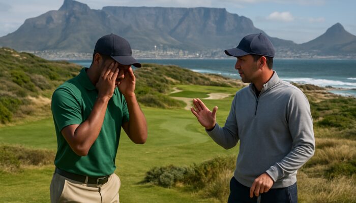 South African golfer practicing mental techniques on Cape Town course, with Table Mountain and ocean vistas.