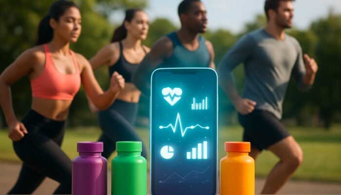 Colorful supplement bottles in TikTok ad, showing diverse fitness enthusiasts exercising with health analytics on smartphone.