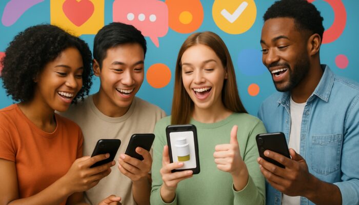 Diverse users on TikTok engaging with supplement ad, liking, commenting, and joining colorful polls and challenges.