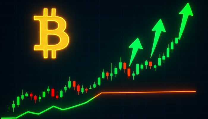 Bitcoin trading chart with $30,000 support line, green upward rebounds, and rising buy signals.