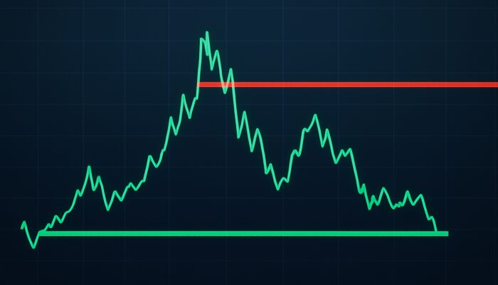 Bitcoin chart showing green support line and red resistance in crypto trading.