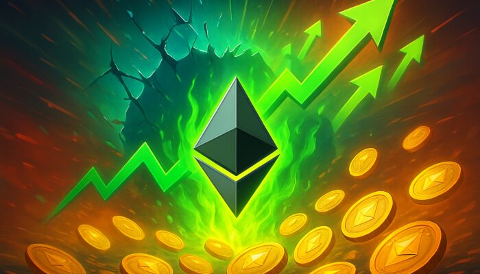 Ethereum price chart: upward breakout through shattered barrier with green flames and bullish arrows.