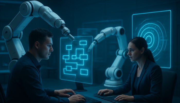 Futuristic workspace with robotic arms, AI interfaces, and human operators optimizing productivity on glowing screens.